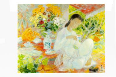 a painting of a woman sitting on a table with flowers