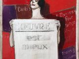 an image of a painting of a woman holding a sign