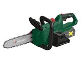 a green and black chainsaw sitting on top of a white surface