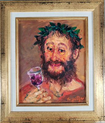 tableau représentant un homme barbu tenant un verre de vin à la main