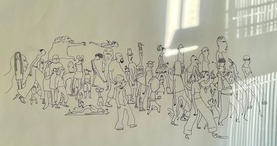 un dessin représentant un groupe de personnes sur un mur