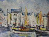 painting of boats in a harbor with buildings in the background