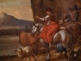 a painting of a woman riding on a horse next to a group of animals