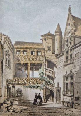 une vieille photo d'un couple se promenant dans une cour
