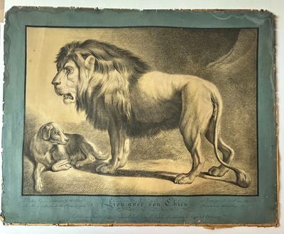 une vieille photo représentant un lion et un chien dans une pièce