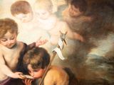 a painting of two children playing with a toy boat