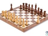 chess pieces on a wooden chess board with a white background