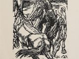 une image d'un dessin en noir et blanc d'un homme sur un cheval