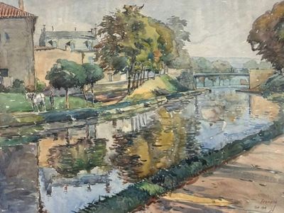 a watercolor painting of a river with buildings in the background