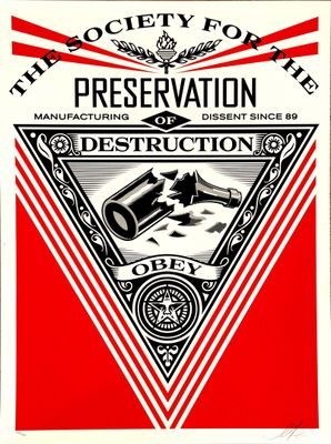 a red and white poster with a picture of a car on it