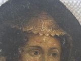 painting of a woman in a black and white dress with a crown on her head