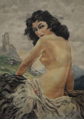 an image of a painting of a naked woman sitting on a rock