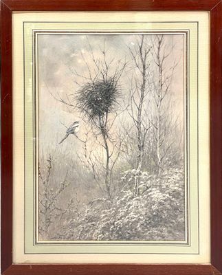 une image représentant un tableau où l'on voit un oiseau perché sur un nid dans un arbre
