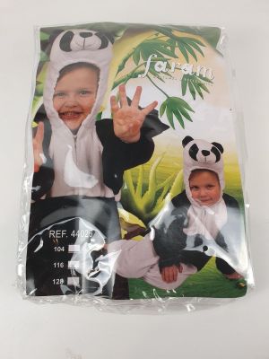 a baby in a panda costume on a white table