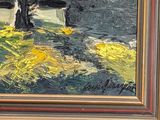 a painting of a bench and a tree in a park