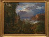 une image d'une peinture représentant une scène de montagne avec une rivière au premier plan