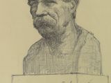 drawing of a bust of a man with a sign in his hand