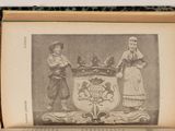 an old book with a drawing of two women standing next to a coat of arms