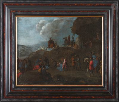 une peinture à l'huile représentant un groupe de personnes à cheval dans un paysage montagneux