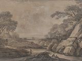 tableau représentant un paysage avec un homme debout au milieu d'une rivière