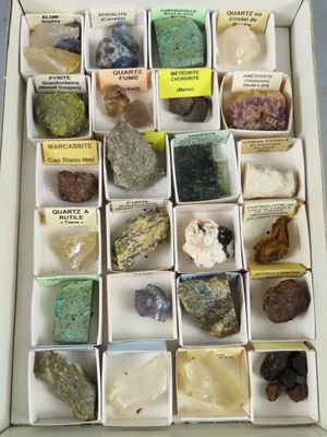 une boîte remplie de différentes sortes de roches et de minéraux