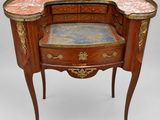 an image of a small wooden table with a marble top