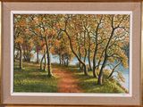 une peinture à l'huile représentant un sentier dans les bois au bord de l'eau