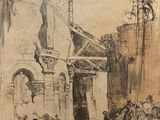 dessin représentant une scène de rue avec un homme à cheval devant un bâtiment