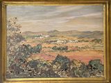 une peinture à l'huile représentant un paysage avec une église au loin