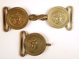 trois boucles de ceinture en laiton ornées de têtes de lion sur un fond blanc