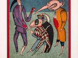 une image représentant un tableau sur lequel figurent un homme avec un oiseau sur la tête et une femme avec un oiseau sur la tête