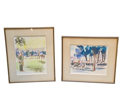 une paire d'aquarelles encadrées représentant un parc et des arbres