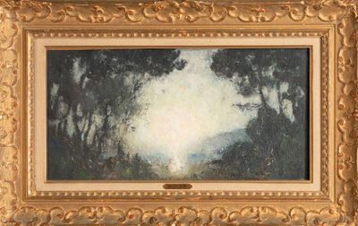une peinture à l'huile représentant des arbres dans une forêt, avec le ciel en arrière-plan