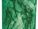 une peinture verte représentant un homme à cheval sur fond blanc
