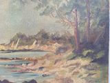 painting of a beach scene with a sailboat on the water