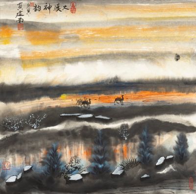une image représentant un tableau de paysage avec des oiseaux volant au-dessus de l'eau