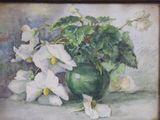 a painting of flowers in a green vase on a table