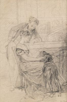 an image of a drawing of a woman sitting at a table with a dog