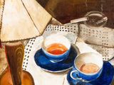 a painting of two cups of tea and a lamp on a table