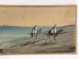 painting of two men riding horses on a beach with a boat in the background