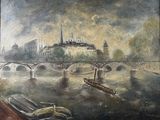 painting of a painting of a bridge over a river with a castle in the background