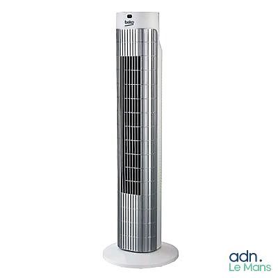 a white tower fan sitting on top of a white base