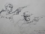 drawing of two men with guns on a piece of paper