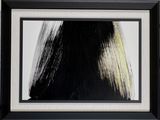 framed photograph of a black and white abstract painting on a white wall