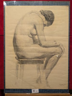dessin représentant un nu masculin assis sur un tabouret dans une pièce rouge