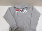 grey hoodie with red, white, and blue fila logo on it