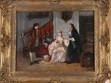 painting of a man and a woman sitting in a living room