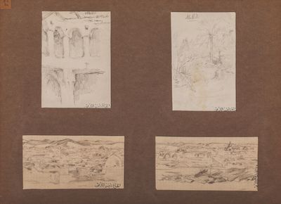 trois dessins représentant un paysage désertique avec un homme et une femme