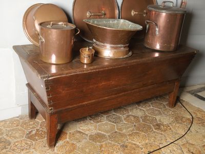 des casseroles et des poêles posées sur une table en bois dans une pièce