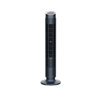 a black tower fan sitting on top of a white surface